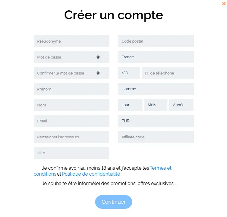 Procedura di registrazione PLACEBET CASINO